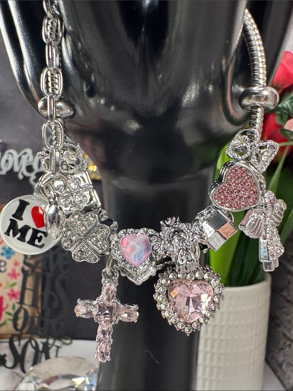 Silver Charm Bracelet with Pink Crystal Heart Charms